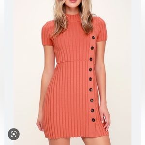 Free people -Lottie Coral Pink Ribbed Button-Front Mock Neck Sweater Dress